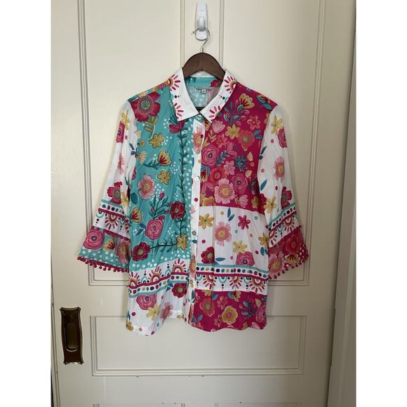 John Mark Floral Boho Button Blouse Womens Size Large Pink Blue Bright Colorful - Picture 1 of 8